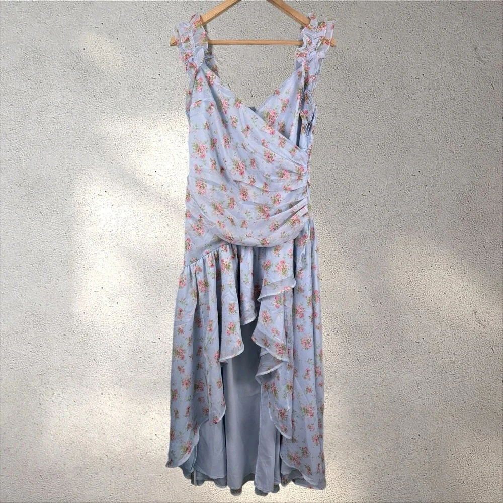 Abercrombie & Fitch Ruffle Strap Asymetric Hem Maxi Dress in Blue Floral Sz LT